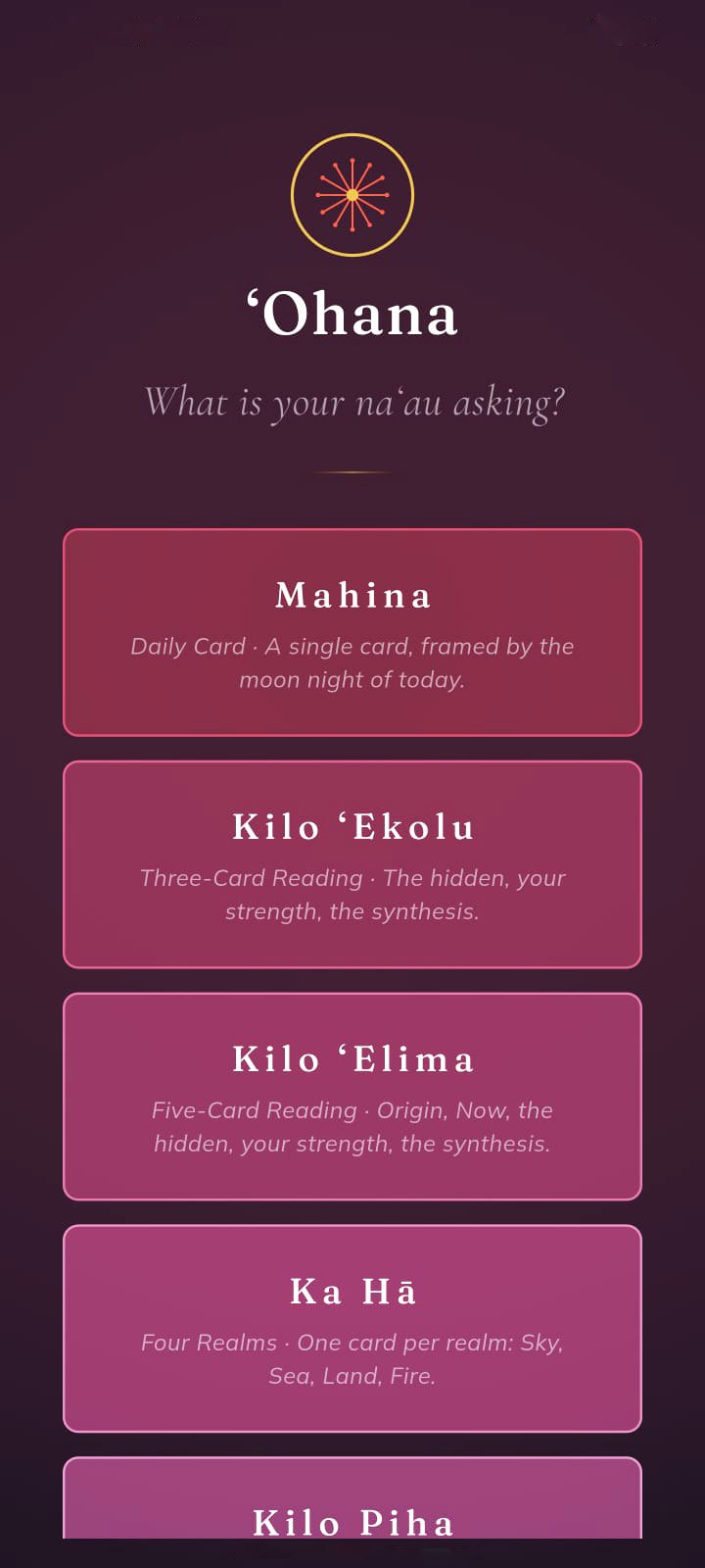 ʻOhana · start screen with five draw modes